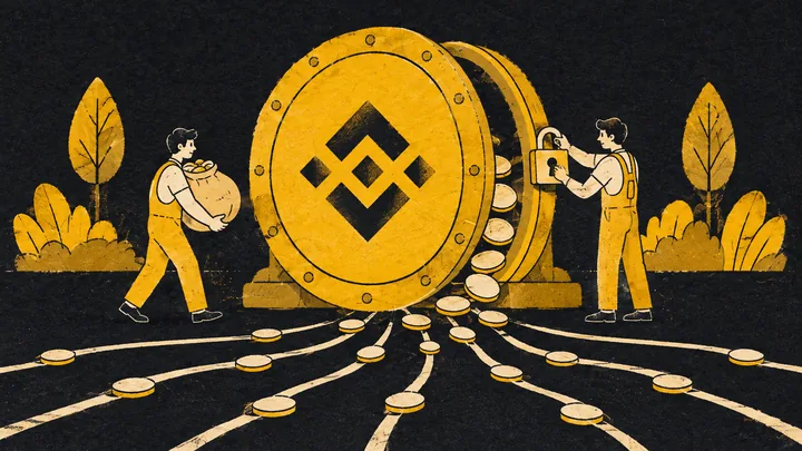 Illustration: a yellow vault door with the Binance logo, a trail of coins slipping out, and workers refilling the vault and fitting a new lock